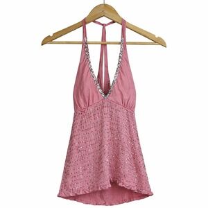 Bebe Silk Smocked Sequin Halter Top Pink Y2K Glam Party Sparkle Size S